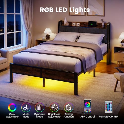 Image of Liians Full Size Bed Frame with Smart LED Light, Wood Storage Charging Station Headboard, Metal Platform Bed, No Box Spring Required, Easy Assembly, Noise Free