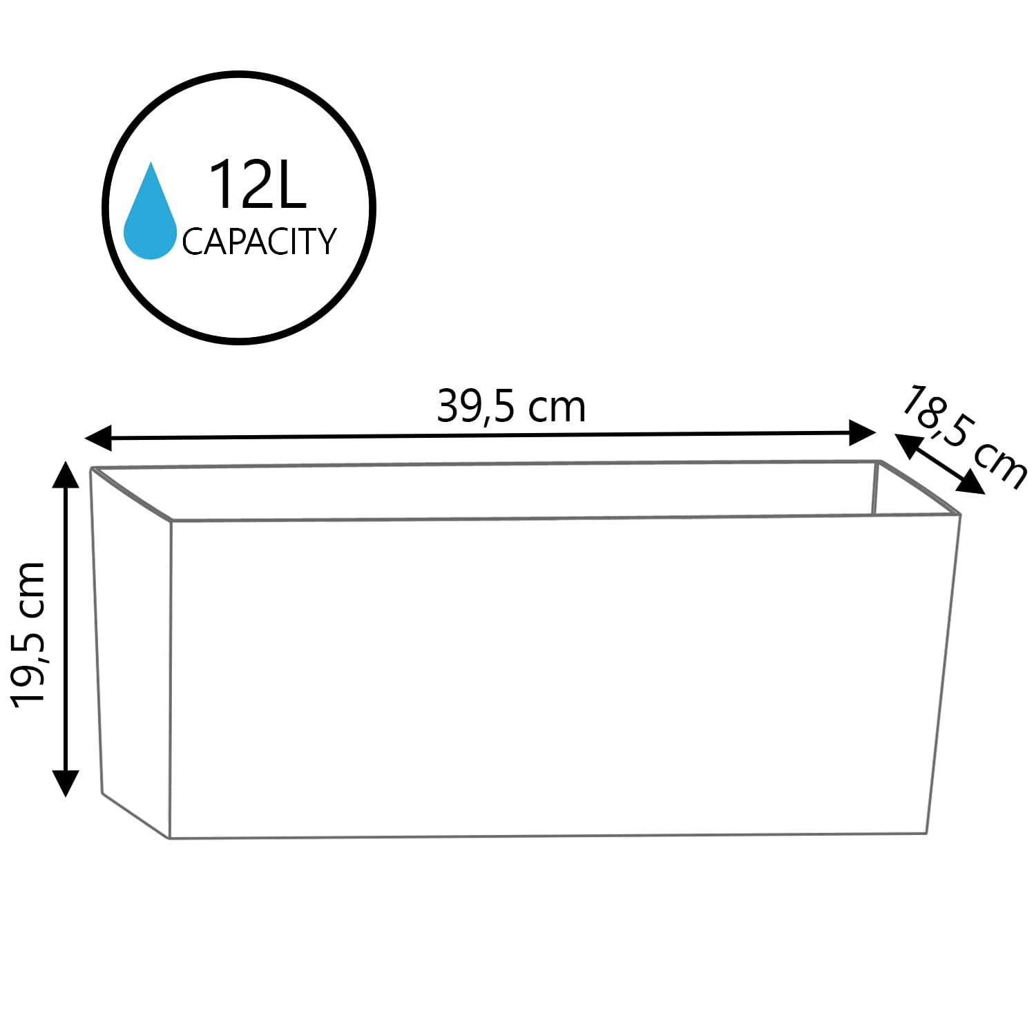 IMJ-Global Urbi - Juego de 3 macetas rectangulares para flores, plantas, de plástico, 39,5 x 18,5 x 19,5 cm, para interior y exterior, color negro, volumen 12 litros, diseño moderno