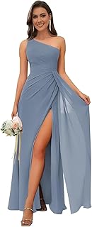 One Shoulder Bridesmaid Dresses for Women Ruched Chiffon A Line Evening Formal Gown with Slit - Buy now