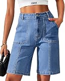 Eddoyee Bermuda Shorts for Women Long Knee Length Jean Shorts Denim Stretchy Cotton Jorts with Pockets Casual Relaxed Fit(Blue Denim, Large)