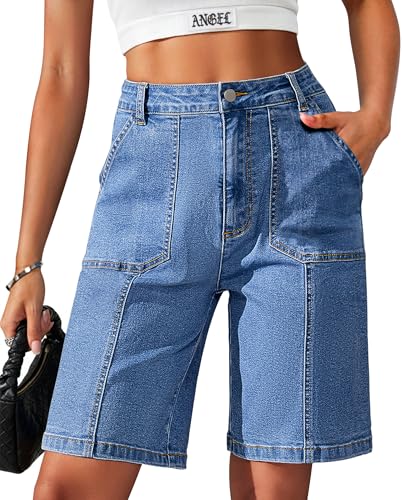 Eddoyee Bermuda Shorts for Women Long Knee Length Jean Shorts Denim Stretchy Cotton Jorts with Pockets Casual Relaxed Fit, A Blue Denim, Small
