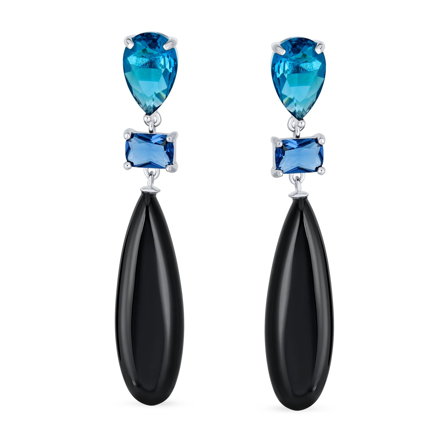 Orecchini Pendenti A Goccia Lunga E Allungata A Tre Livelli Colorati In Modo Lineare Con Pietre Preziose Naturali Di Onice Nero Turchese Blu Sodalite Navy E Quarzo Rosa Placcati In Argento Ideali