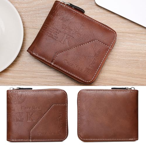 Image of Mens wallet Leather wallet men Wallet Zipper RFID Bifold Wallet for Men ID card Window Credit Card Coin Photo Multifunction Card Slots Gift for Him,brown-1