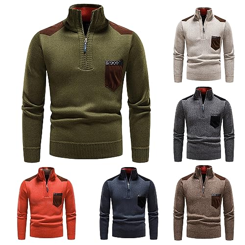 evzosrz Men's Quarter Zip Up Sweater Long Sleeve Cable Knit Polo Sweaters Slim Fit Casual Patchwork Pocket Knitted Pullover4