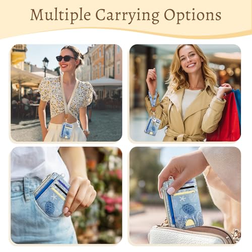 Image of Kelvoris Sea Turtle Slim Wallet Women Credit Card Holder, Ocean Small RFID | Keychain, Zipper Coin Pocket, Front Pocket Thin Travel Card Case, Minimalist, 6 Card Slots, 1 ID Window, Ladies Gifts Woman