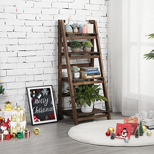 Topeakmart Wooden Ladder Shelf Plant Shelf, Multiple Tired Shelf Sturdy And Foldable Storage Shelf Solid Folding Wood For Garden/Balcony/Yard/Living Room Storage, No Assemble, Brown #TOP1