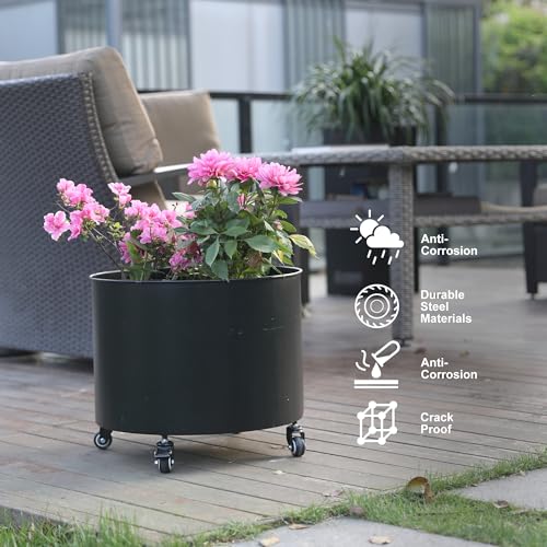 Grand Pot de Fleurs Rond en Acier Noir 43cm avec roulettes Verrouillables, Plateau Interne Amovible, Ventilation du Fond, Grande Capacité, Drainage Propre, Résistant et Durable – Image 5