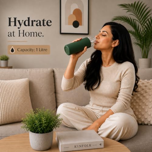 Image of Borosilicate Glass Water Bottle with Silicone Cover | 1 Litre 1000ml | Thermal Shock Resistant | Leakproof Steel Cap | BPA Free | Home Office Gym Fridge