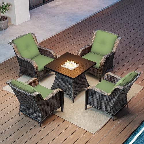 Joyside Outdoor Wicker Patio Furniture Set with Fire Pit Table, 5 Pieces Patio Conversation Sets with 4 Outdoor Patio Chairs and 1 Fire Pit Table, Rattan Sectional for Porch, Lawn, Balcony Use