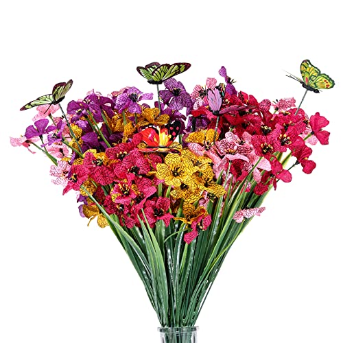 N&T NIETING 12 Stück Künstliche Blumen Outdoor, 4 Farben künstliche Pflanzen mit 5 Stück Schmetterlingen, Fake Blumen Wetterfest Balkon Blumen für Hausgarten Fenster Hochzeit Party Dekoration Cover