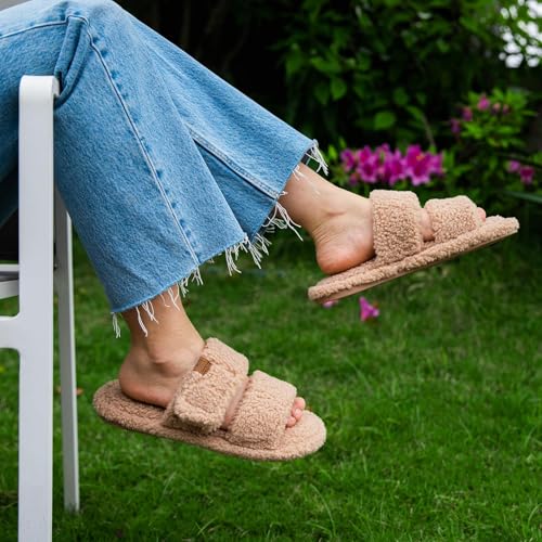 FamilyFairy Open Toe Slippers for Women Adjustable Memory Foam House Shoes Faux Fur Fuzzy Slide Sandals Non Slip Washable2