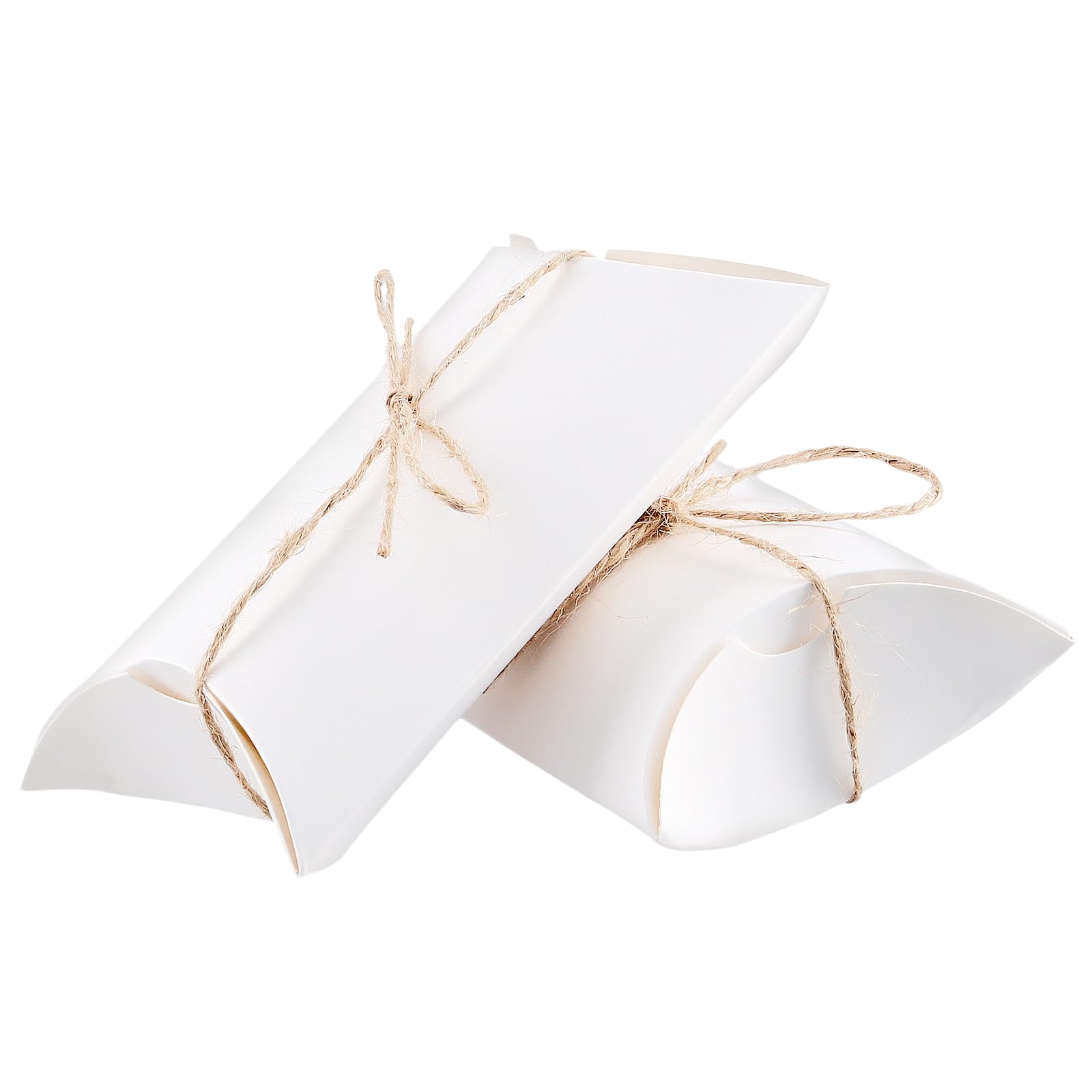 KEILEOHO 150 Cajitas de Regalo de Papel Kraft Almohadera Pequeñas Blanco, con Cordón de Yute, 13.8 x 8,8 x 3,5 cm, Cajitas de Regalo de Cartón Pequeñas para Bodas, Cumpleaños, Festivales