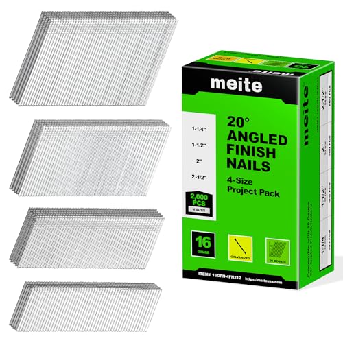 meite 16 Gauge 20 Degree Angled Finish Nails Set, 2000-Pack Assorted Size Project Pack Galvanized Nails for Electric or Pneumatic Finish Nailer/Nail Gun, (2-1/2', 2', 1-1/2', 1-1/4', 500 Per Sizes)