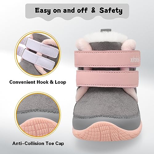 XIHALOOK Toddler Boys Girls Winter Boots Cold Weather Kids Warm Faux Fur Shoes with Two Hook and Loop4