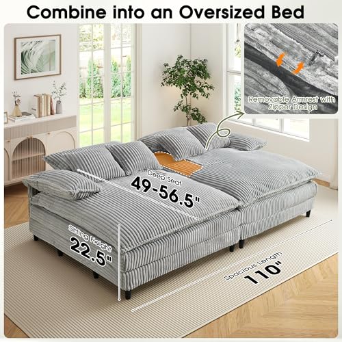 Image of WESTSETLUX 54.8 inch W Oversized Chaise Lounge Chair Indoor with 5-Position Adjustable Backrest, Corduroy Sleeper Sofa Bed with 3 Pillows, Modern Cloud Couch Chair for Living Room, Bedroom, Grey