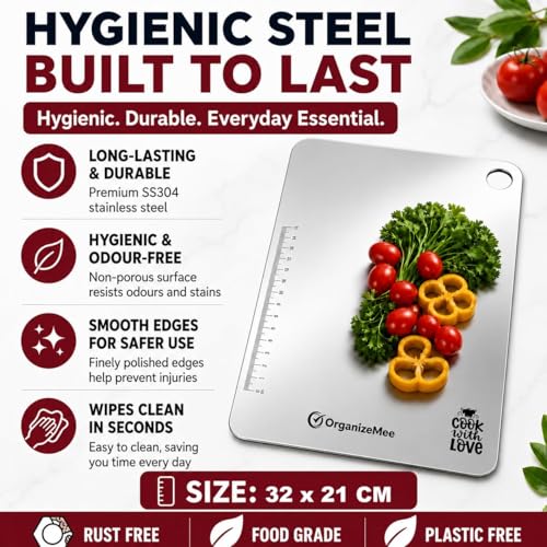 Image of OrganizeMee Chopping Board Stainless Steel Metal Cutting Kitchen,Heavy Duty Choping-Board Vegetable, Meats vegitable Chopper Boards,Safe Durable with Anti-Skid Silicon Pad (New Medium)(31.8CM X 21CM)