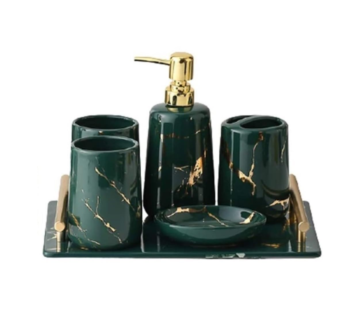 Badezimmer Set 6-teiliges Keramik-Badezimmer-Accessoires-Set, Seifenspender/Zahnbürstenhalter/Mundspülbecher/Seifenbox, Marmorstruktur-Set Dekoration Organizer(Grün)