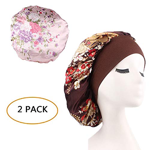 Wide Band Bonnet Night Sleep Cap Sleeping Head Cover for Women Girls (Coffee Floral+Light Pink Floral,2 Pieces)