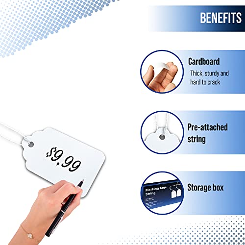 Image of 2000 White Price Tags - Strung Display Tags, 1.75 x 1.093 inch for Product, Jewelry, Clothing, Yard Sale, Garage Supplies