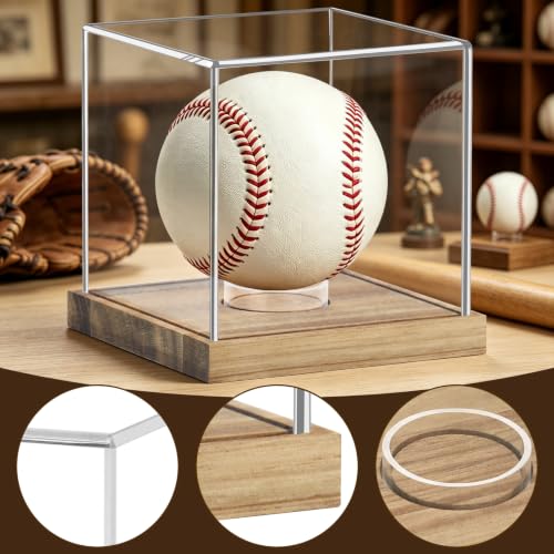 Image of Clear Acrylic Baseball Display Case with Wood Base, Single Ball Memorabilia Stand, Dust Protection Transparent Storage Box for Collections