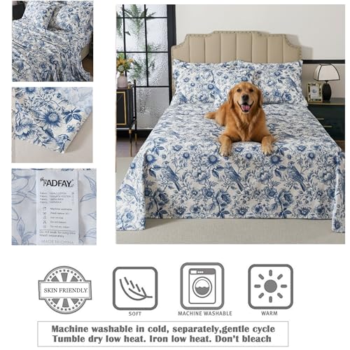 Image of FADFAY Sunflower Bird Sheets Set Cal King 100% Egyptian Cotton Blue Toile de Jouy Bedding Vintage Blue and White Floral Farmhouse Bedding Shabby French Country Sheets Deep Pocket Soft Breathable 4Pcs