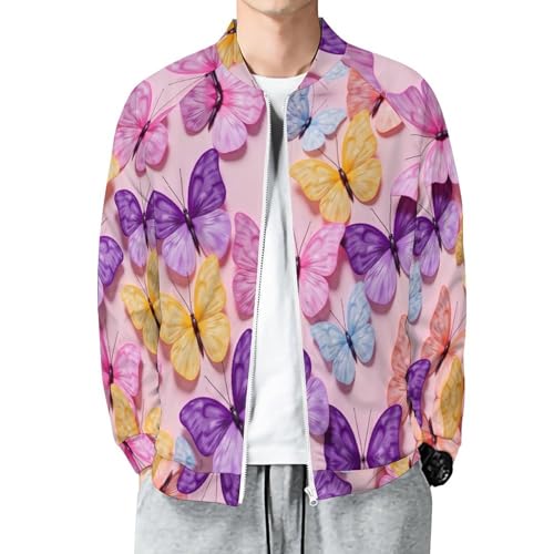 Veste Homme Aviateur Rose Violet Coupe-Vent Léger Zippé Papillon Aquarelle