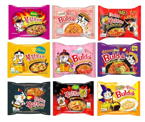 Buldak Spicy Noodles Assorted Pack of 5 × 140g Halal | Korean Instant Ramen Multipack | Buldak Noodles Variety Pack | Spicy Korean Noodle Selection
