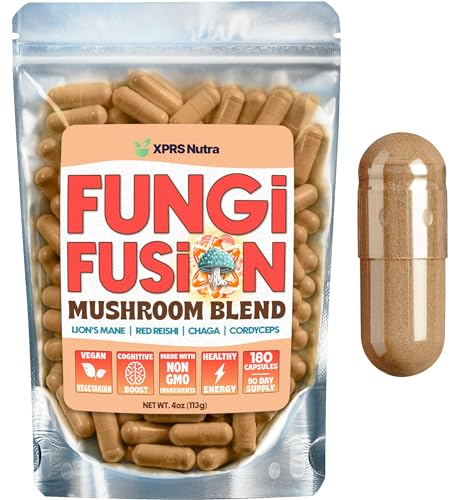 Image of XPRS Nutra Fungi Fusion Mushroom Blend Capsules - 180 Count (90 Day Supply) Premium Blend of Lion's Mane, Reishi, Chaga, Cordyceps Capsules to Support Mental Clarity, Cognition, Energy and Immunity