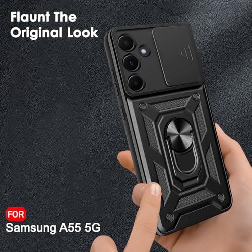 Image of TheGiftKart Tough Armor Bumper Back Cover Case for Samsung Galaxy A55 5G | Ring Holder & Kickstand in-Built | 360 Degree Protection Case Cover for Samsung A55 (PC & TPU, Sliding Camera Cover, Black)