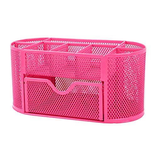 GPCT Office School Home/Teacher Supplies Mesh Desk Pen Organizer. Comes W/ 4 Pencil Cups for Highlighters/Pens/Sharpie, 4 Square Compartments for Paper Clips/Sticky Notes & 1 Supply Drawer- Hot Pink