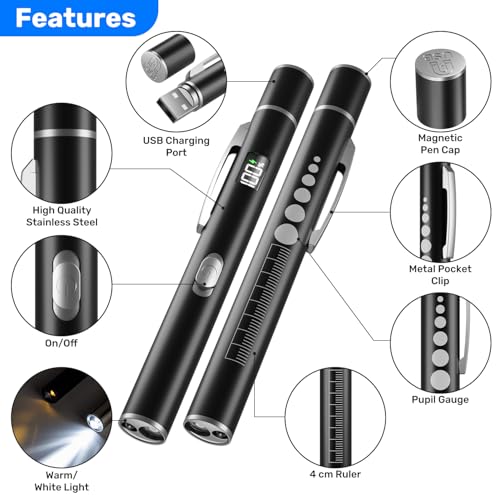 BlueYu Diagnostikleuchte Pupillenleuchte Medizinische, 2er Set USB-Aufladbare Stiftlampe mit 2 Lichtmodi & Pupillenlineal, Professionelle LED-Stiftlampe für Ärzte und Krankenschwestern mit Taschenclip
