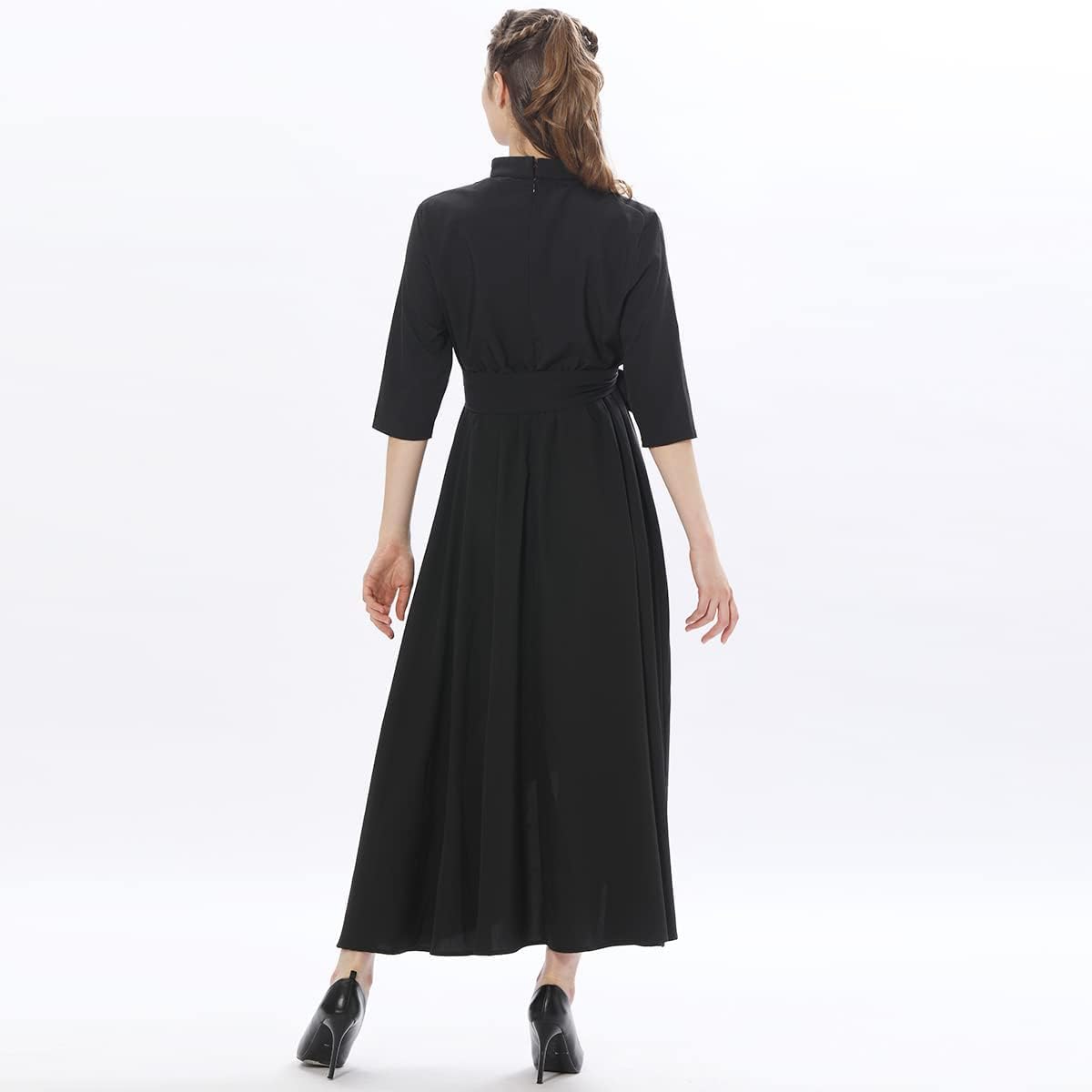 Church Dress for Women Half Sleeve Loose Elegant Clergy Maxi Dress with Tab Insert Collar and Belts - Image 4