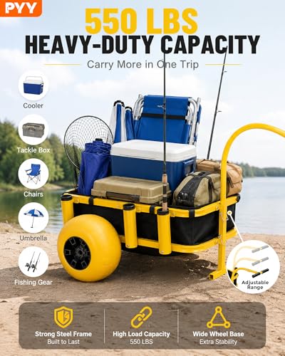 Image of PYY Beach Fishing Cart - 550LB Load Capacity Fishing Cart with Reinforced Frame, 13 inch Big Wheels PU Balloon Tires for Sand, Fishing Wagon with 7 Rod Holders, Foldable Bucket for Beach, Lake (Yellow)