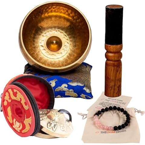 Ohm Store Meditation Accessories Bundle — Tibetan Sound Bowl, Tingsha Bells, and Rose Quartz Lava Stone Mala Bracelet — Yoga, Chakra Balancing, and Mindfulness Cover