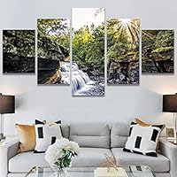 SIGNWIN 5 Panel Canvas Wall Art Forest Waterfalls for Home Decorations Ready to Hang - 60