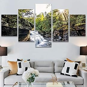 SIGNWIN 5 Panel Canvas Wall Art Forest Waterfalls...
