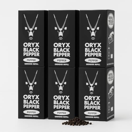 Oryx Black Pepper Refill Box - 6 Pack - 3.52oz x6 - Premium Whole Black Peppercorns from Madagascar, Fresh Naturally Organic, Refillable +20x Pepper Grinder - Ideal for Home Cooking & Dining
