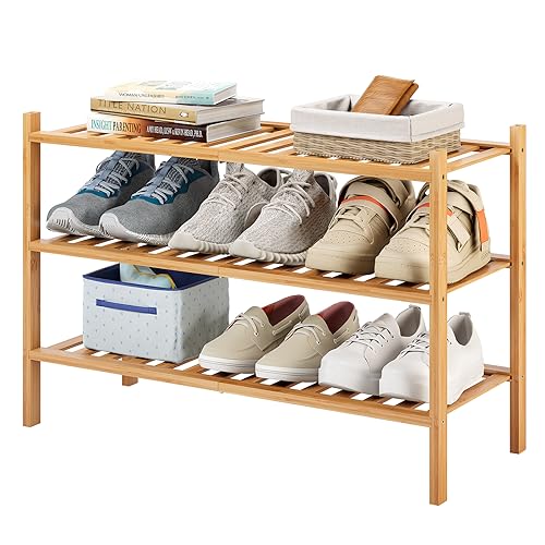 Bamboo Shoe Rack for Entryway, Stackable | Heavy Duty | Multi-Function, Free Standing Shoe Racks for Bedroom Hallway Closet … (Natural, 3-Tier)