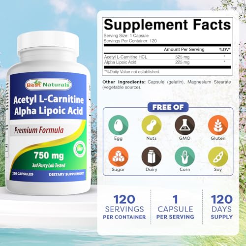 Best Naturals Acetyl L-Carnitine and Alpha Lipoic Acid 750 mg 120 Capsules - Image 3