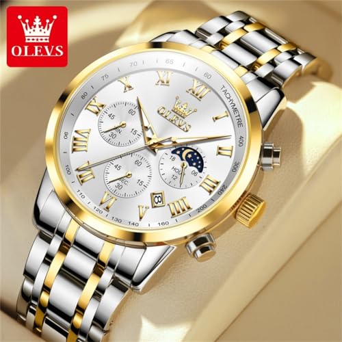 Image of OLEVS Men Multifunction Watch, Multi Dial Waterproof Luminous Chronograph Men's Watch with Date Gift for Men,Stainless Steel Watches for Men,Classic Men Wrist Watch, gold sliver band white face-5529G