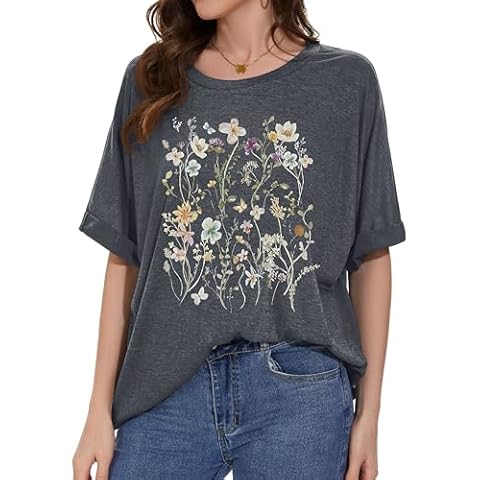 Oversized T-Shirt for Women Summer Short Sleeve Casual Basic Tee Tops Loose Fit Shirts（Colorful Flowers, L） Cover