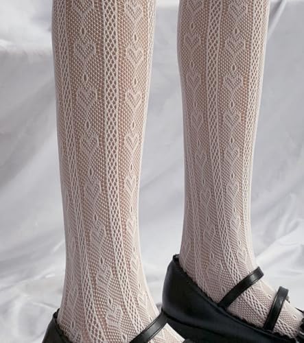 Lace Thigh High Stockings with Ruffle Trim, White, Over Knee Length sheer fishnet women fish net stockings2