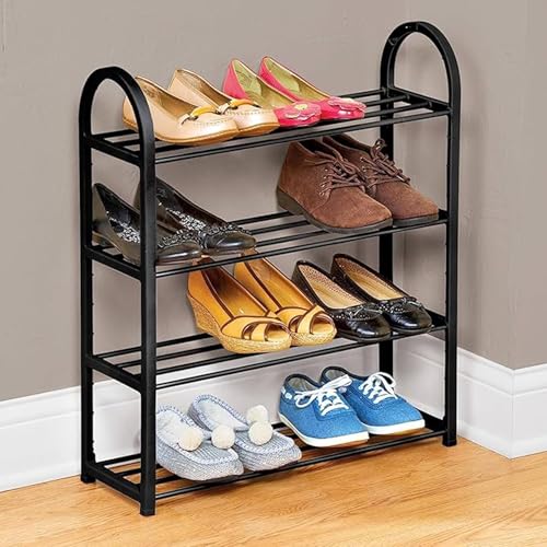 Image of Compact Shoe Organizer Shelf for Floor, Bedroom, Hallway, or Living Room: 4-Tier Freestanding Metal Shoe Rack Black