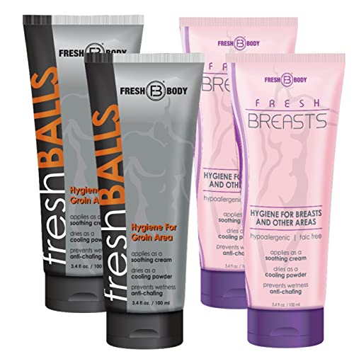 Fresh Body FB His and Hers Bundle (4 Pack - 2 Each): Fresh Balls 3.4oz, Anti-Chafing Ball Deodorant for Men, and Fresh Breasts 3.4oz, Anti-Chafing Soothing Lotion for Women