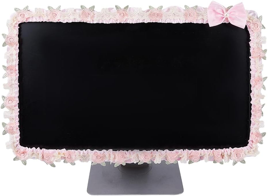 CREATCABIN 23''-26'' Cute Computer Monitor Cover with Bow Tie Lace Pink Computer Monitor Protective Cover Screen Elastic Dustproof Display Furry Bowknot Decoration Protector for PC Tablet Laptop TV