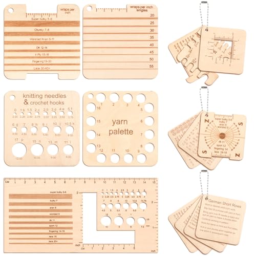 Eersida 15 Pcs Knitting Needle Gauge and Rulers Crochet Tools Knitting Accessories Wooden Yarn Gauge Tools with Chain Crochet Needle Rulers Yarn Measuring Tools