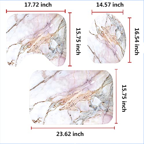4 Pcs Marble Texture Shower Curtain Set With Non-Slip Rugs, Toilet Lid Cover And Bath Mat Natural Marble Abstract Shower Curtain Bathroom Decor With Hooks-White Pink Grey #TOP6