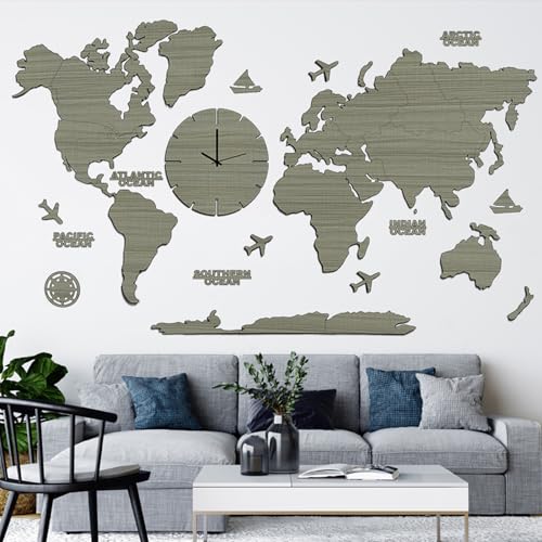 Image of rawpockets - 3D Wooden World Map With Clock Wall Decor | Wall Art, Wall Hangings & Gift | Travel Map | Living Room & Bedroom Wall | Working Space - Grey Wood Color - Small Size (110 X 65 CM)