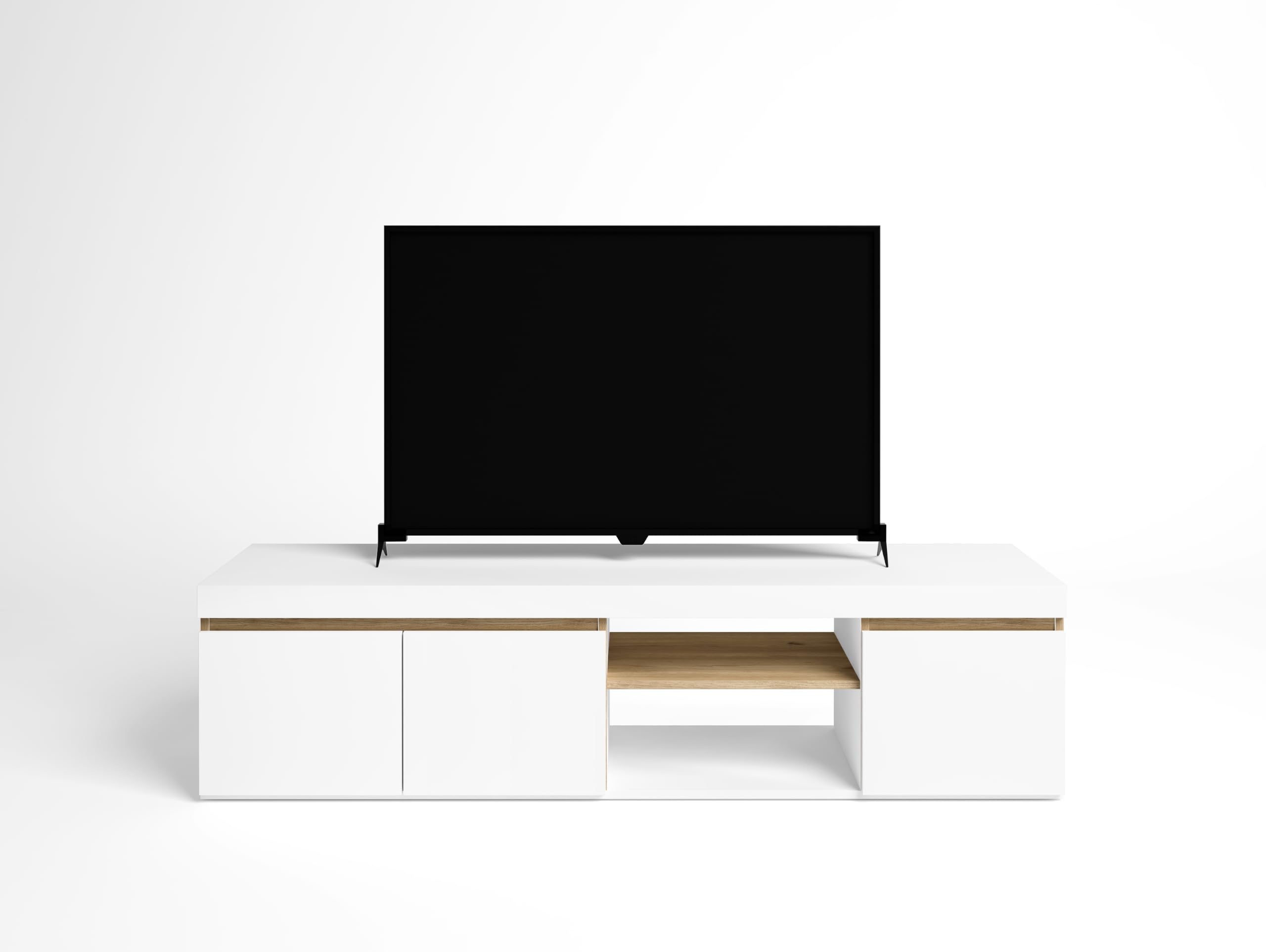 Meuble TV Blanc et Bois 160x40,5x39,6 cm – Meuble Bas Design Moderne avec 3 Portes et Niche, pour Salon ou Chambre.