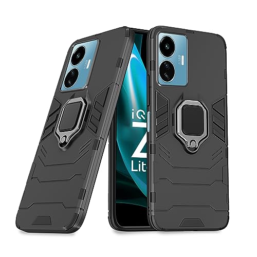 Image of Pikkme Back Cover for iQOO Z6 Lite 5G | 360 Protection | Ring Holder | Kickstand | Tough Armor Case (Black)